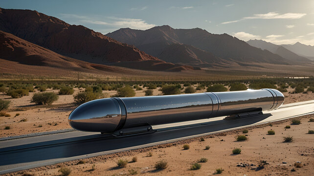 "Hyperloop pods racing through a glass tube across a desert landscape."


