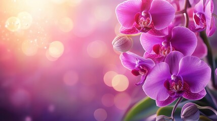 Beautiful purple orchids bloom against a soft, bokeh-lit backdrop. Ideal for romantic themes, invitations, or calming spa designs.