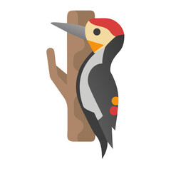 Flat vector woodpecker clings to a simple brown branch