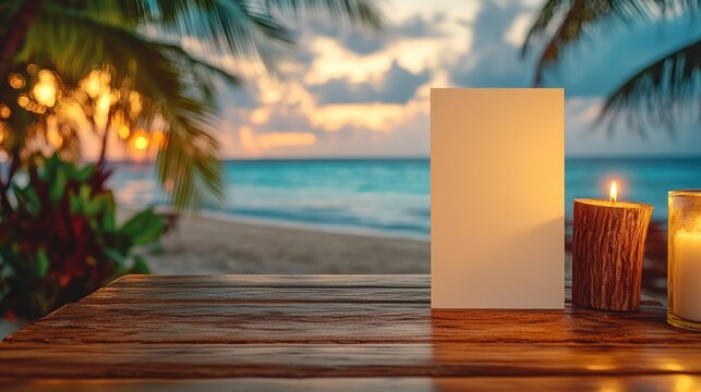 Blank menu card on wooden table at beachside restaurant at sunset.  Tropical setting with palm trees, ocean, and candles