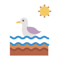 Stylized seagull swimming in water under a yellow sun