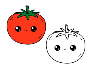 Cute cartoon tomato illustration, one colored red with a green stem and one in black and white for coloring. Simple vegetable drawing with kawaii face. Healthy food.