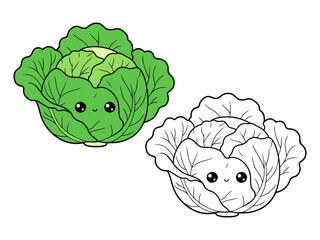 Cute cartoon cabbage illustration, one colored green and one in black and white for coloring. Simple vegetable drawing with kawaii face. Healthy food.