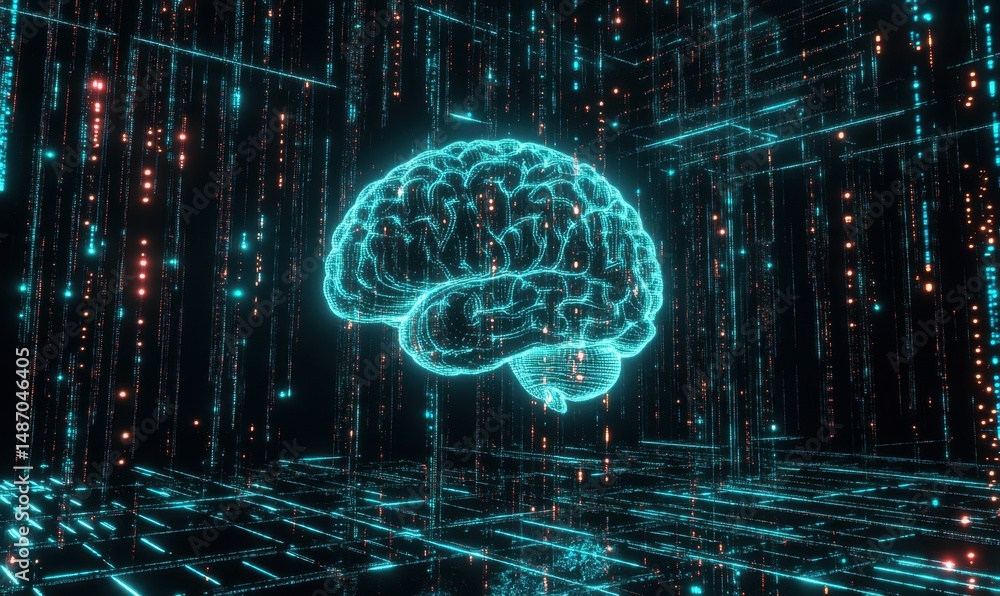 Poster digital brain in data stream; ai, network concept; future technology background; website header