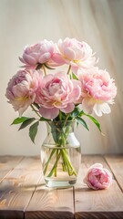 Obraz premium Delicate peony flowers arranged in a clear glass vase on a simple wooden table