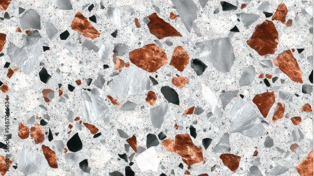 Poster light speckled terrazzo pattern on white base with abstract design elements and color variations