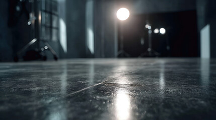 Low Angle View of Gray Floor with Light Spill from Studio Backdrop in Soft Focus Atmosphere