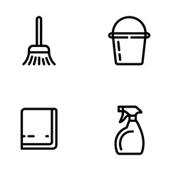 vector design featuring 4 monochrome black icons of home cleaning tools: spray bottle, mop, dustpan, and sponge. 