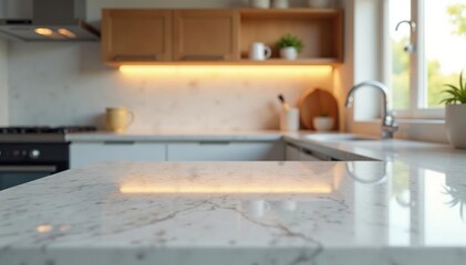 Sparkling clean kitchen countertop, gleaming appliances, marble, chrome