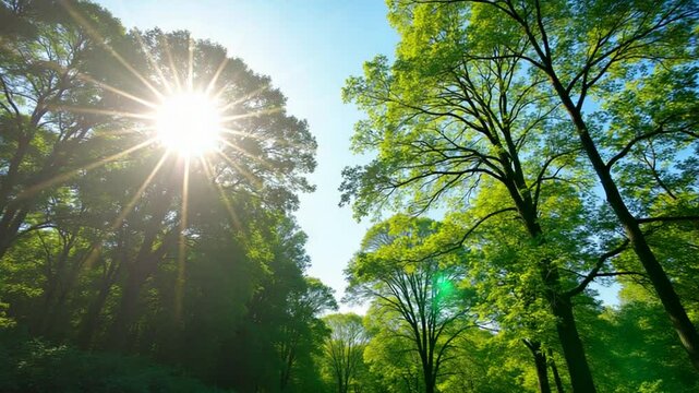 A lush green forest with tall trees and dense foliage under a clear blue sky. Sunlight filters through the leaves, creating a serene