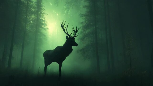 Silhouetted deer in dreamy forest mist. 