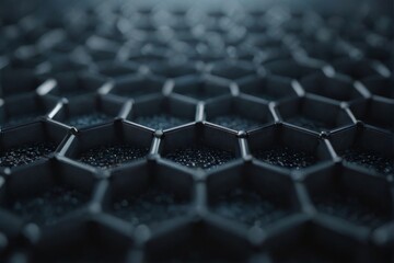 Obraz premium Hexagonal Structure with Interconnected Grid Pattern and Futuristic 3D Rendering on Dark Background, Black and Blue Color Scheme.