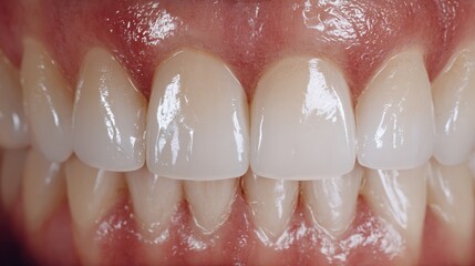 Close-up of healthy human teeth, showcasing dental care.