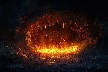 A dark, rocky cave illuminated by intense flames and glowing embers inside. Illustrates themes of danger, hell, fantasy, or apocalyptic scenarios.
