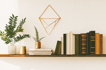Relaxed Modern Bookshelf Greenery Display, Organizing Knowledge, Creating Value in Creative Workspace, Bright and Inspiring
