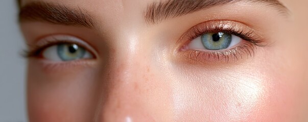 Fototapeta premium Close-up of a person's blue-green eyes, well-groomed eyebrows, and glowing, healthy skin with a natural makeup look.