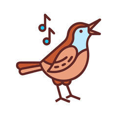 Singing bird cartoon illustration on black background with music