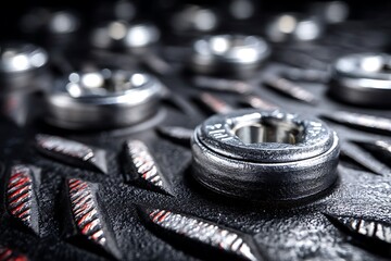 Closeup of metal screws on black industrial surface with abstract design.
