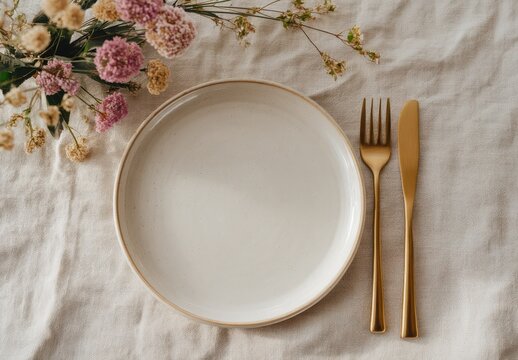 Elegant table setting with gold cutlery and floral accents.