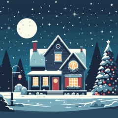 Fototapeta premium vector image of a snowy house on a beautiful christmas eve