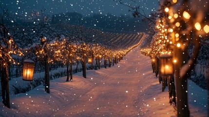 Lantern-lit skating trail weaving through a snowy vineyard glowing softly under softly falling snowflakes, Generative AI
