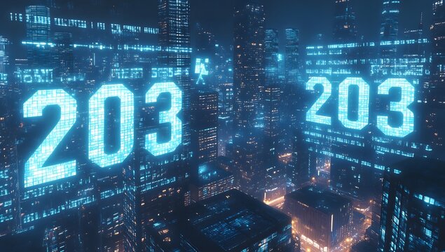 The background is the city skyline at night, with stock market numbers floating in front of it. 
