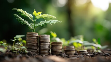 Green Plant Growing from Stacks of Coins Symbolizing Economic Growth and Sustainable Investment Opportunities in Nature's Embrace