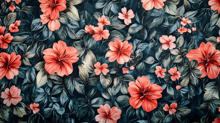 Vibrant Coral Hibiscus Floral Pattern Dark Teal Background Tropical Botanical Textile Print