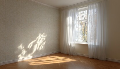 Fototapeta premium Sunlight streaming through sheer curtains in an empty room.