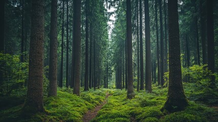 Obraz premium A trail goes through a dark, dense forest with tall, straight evergreen trees. Use it for travel, nature, adventure, or conservation themed projects.