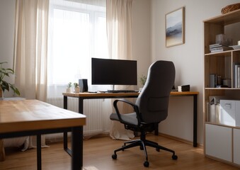 Minimalist home office setup with a modern desk and chair.