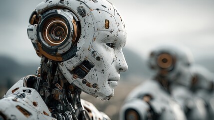 Fototapeta premium Futuristic Robot Portrait: Advanced Mechanical Design and Cybernetic Innovation in Metallic Surrealism with Reflective Headgear