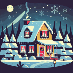 vector image of a snowy house on a beautiful christmas eve