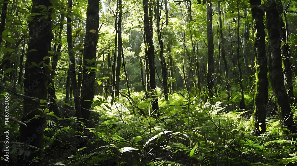 Poster lush green forest with sunlight shining through trees creating dense shadows and light