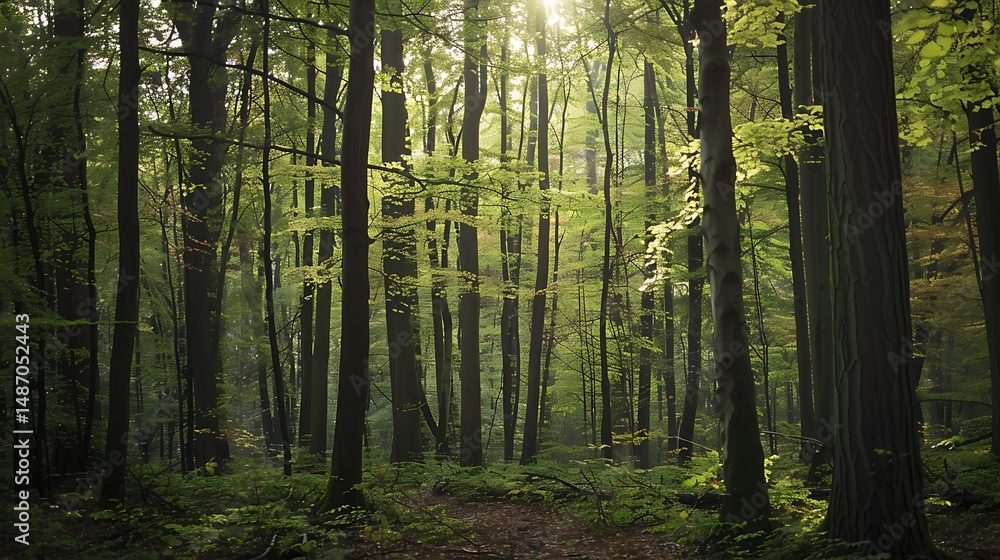 Poster lush green forest with sunlight streaming through trees creating atmospheric scene