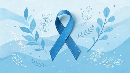 Blue Awareness Ribbon Surrounded By Leafy Nature Graphics On Light Blue Background For Men&rsquo;s Health And Wellness Awareness Design