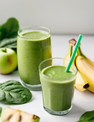 Two glasses of fresh green smoothies made with apple, banana, and spinach. Perfect for detox diet visuals and smoothie recipes