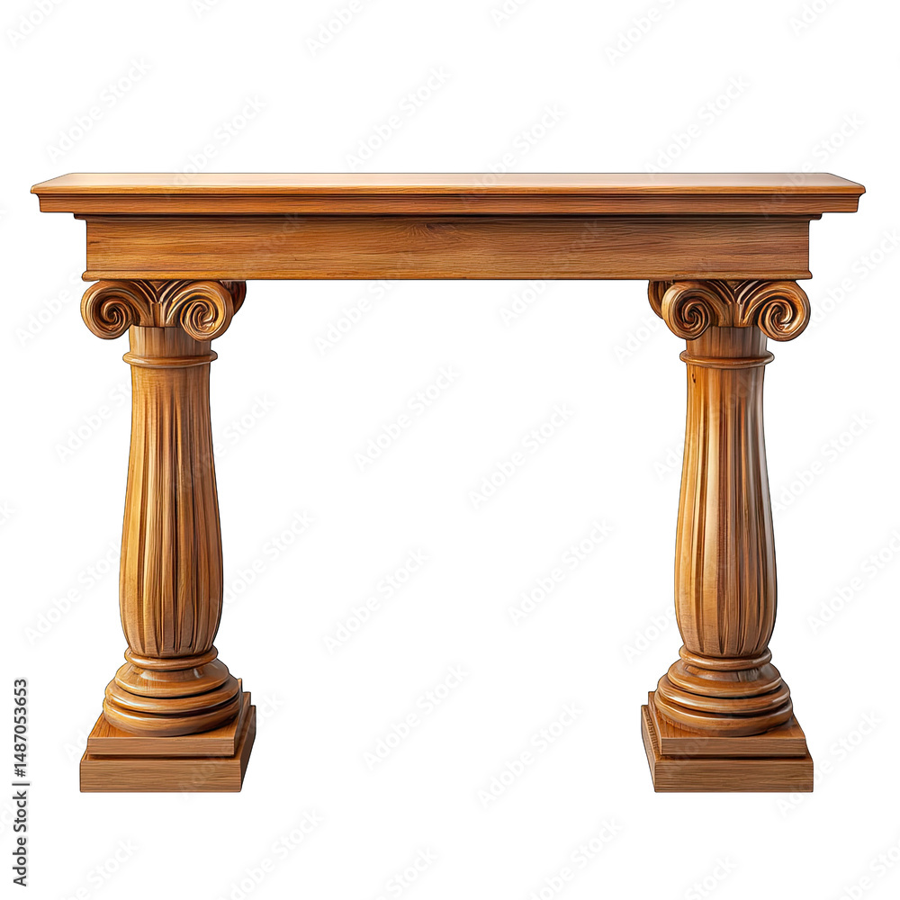 Poster a wooden console table with two fluted columns a rectangular top and a classic design