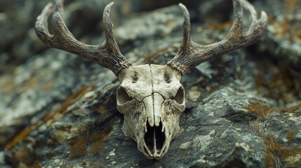 Deer skull with antlers lies on a mossy grey rock surface. Perfect for Halloween, nature, gothic, or wildlife themes.