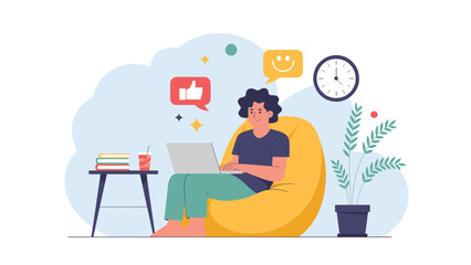 Remote Work and Social Media Engagement – Flat Vector Illustration of Person on Laptop with Like, Comment, and Message Icons in Modern Digital Workspace