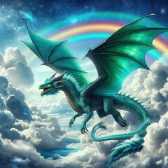 Fantasy Flying Dragon with Rainbow in Sky – Majestic Creature above Clouds


