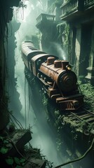 Abandoned Jungle Train in Overgrown City – Post-Apocalyptic Adventure Scene

