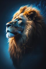 Majestic Lion Portrait with Blue Light – Fantasy Animal Artwork

