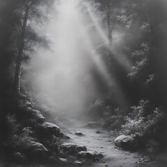 Fototapeta premium Misty forest path bathed in light