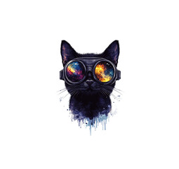 Black cat with space glasses on white background
