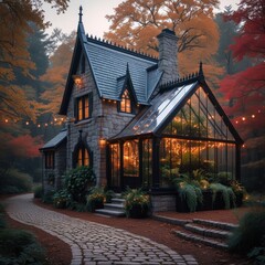 Enchanted Forest Cottage with Autumn Glow

