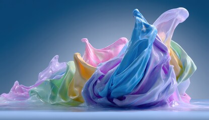 Vibrant swirl of colorful flowing fabric under bright lighting