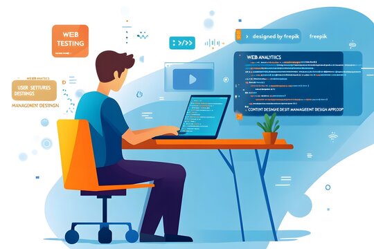 Web developer working on coding a website using a laptop and web analytics display