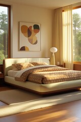 Warm-Toned Cozy Bedroom with Abstract Wall Decor