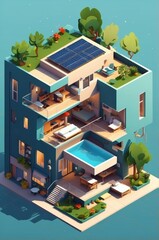 Isometric Smart Home Blueprint: Vector Floorplan with Solar Panels